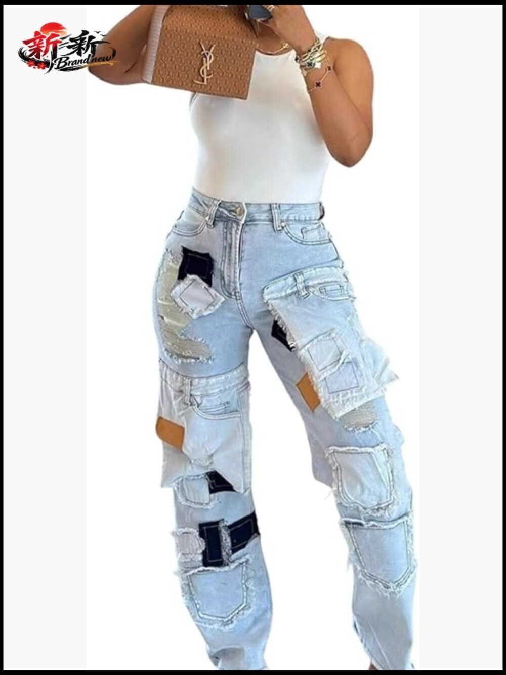 Y2K High Waisted Cargo Patchwork Baggy Jeans Boyfriend Straight Leg Streetwear